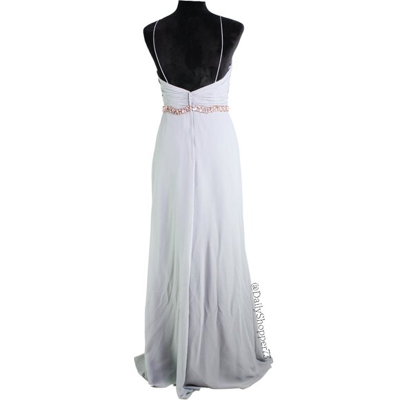 Christina Wu Celebration Women's Platinum Gray Pleated Faux Wrap Chiffon Gown - Picture 3 of 8